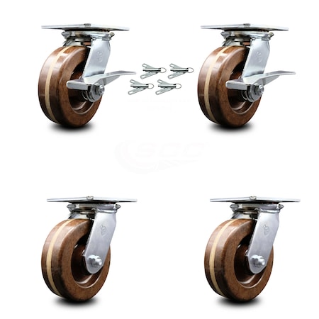 Service Caster 6 Inch High Temp Phenolic Caster Set with Roller Bearing 4 Swivel Lock 2 Brake SCC-35S620-PHRHT-SLB-BSL-2-BSL-2